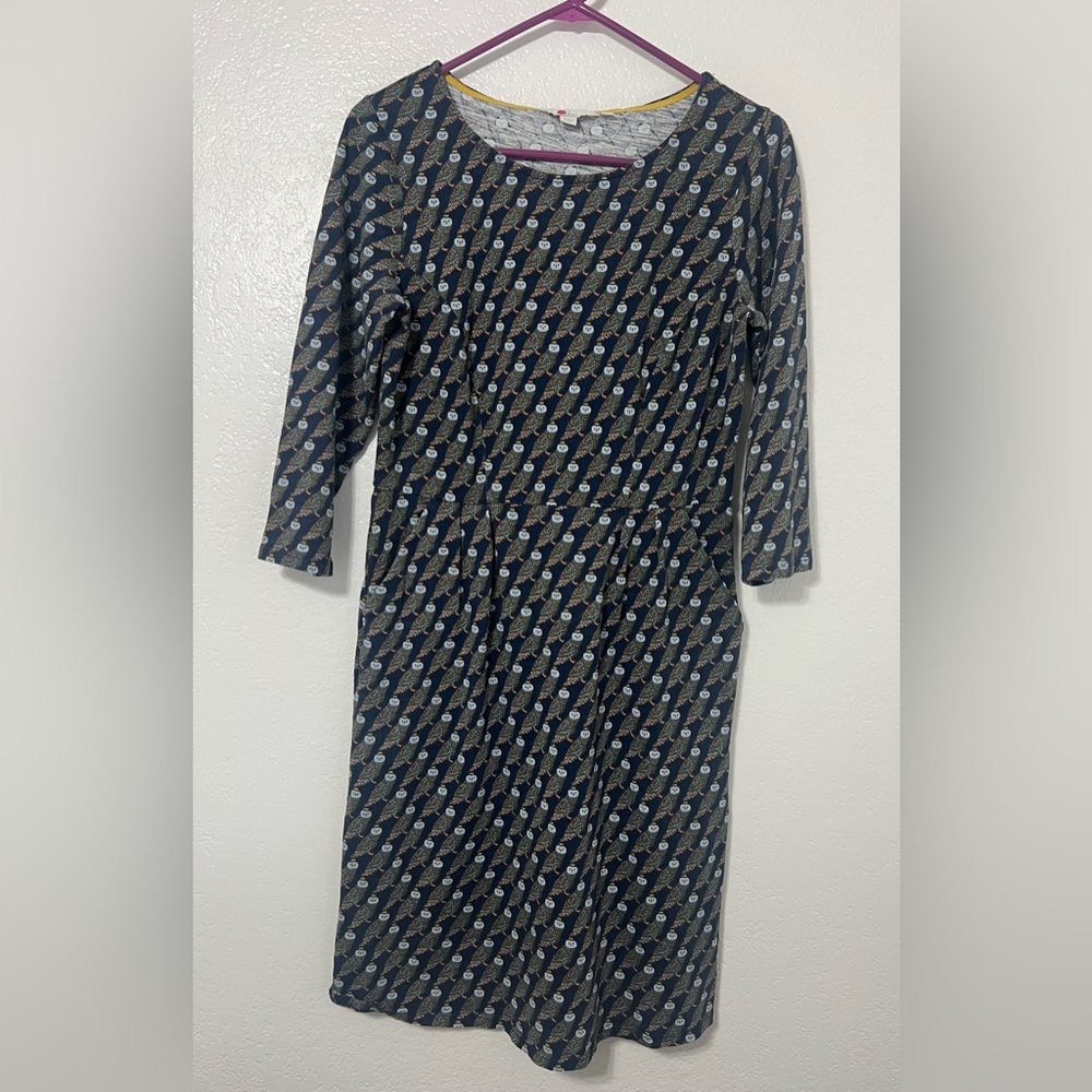 Boden Regal Owl Penny Jersey Dress Navy Owl Print 3/4 Sleeve Size 8R